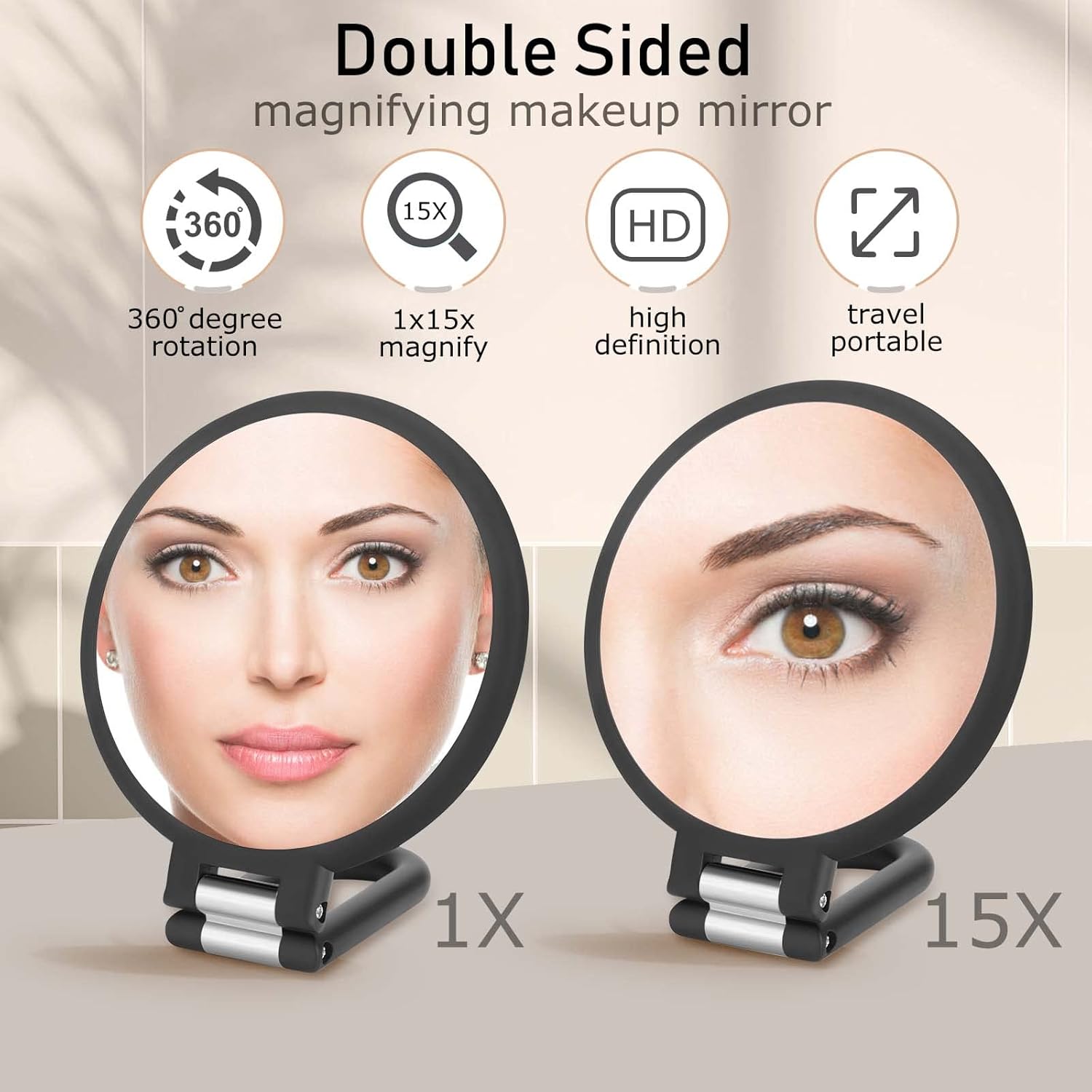 Magnifying Handheld Mirror Double Sided, 1X 15X Magnification Hand Mirror, Travel Folding Held Adjustable Rotation Pedestal Makeup Desk Vanity