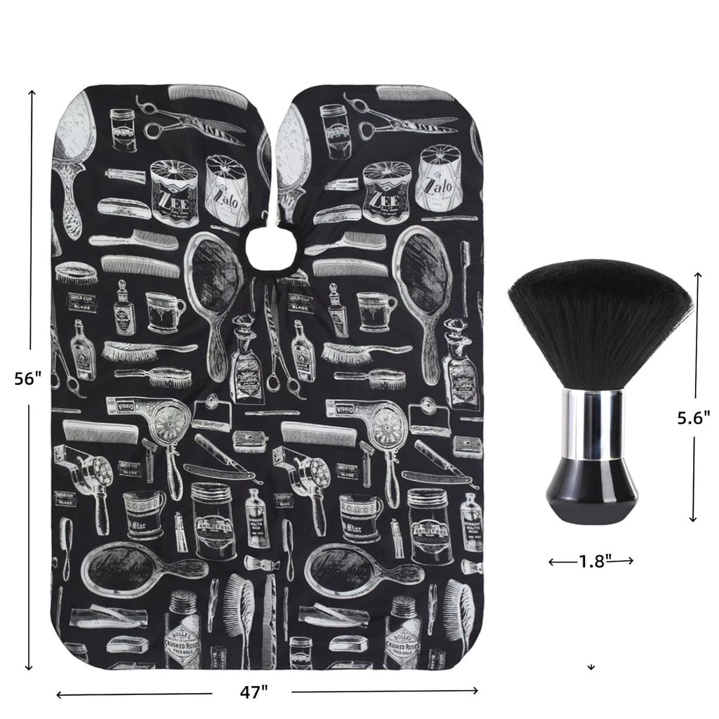 Professional Hair Cutting Cape with Neck Duster Brush, Large Size Salon Barber Cape for Men, Women and Kids(Barber Supplies Pattern)