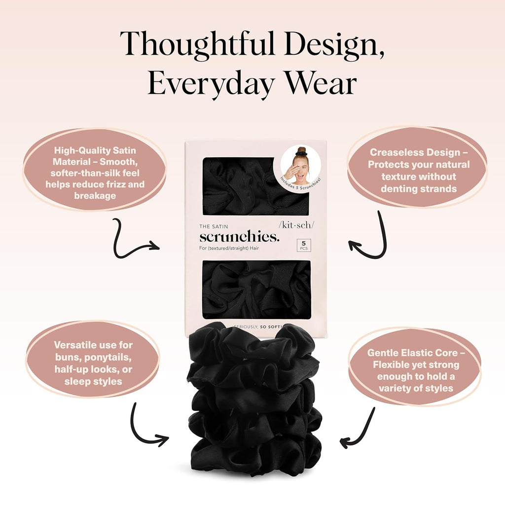 Kitsch Satin Scrunchies for Women – No Crease Hair Ties – Soft Satin Hair Scrunchies for Girls – Frizz Free, Gentle, Stylish Hair Accessories | Ideal Gifts for Women – Black, 5 pcs