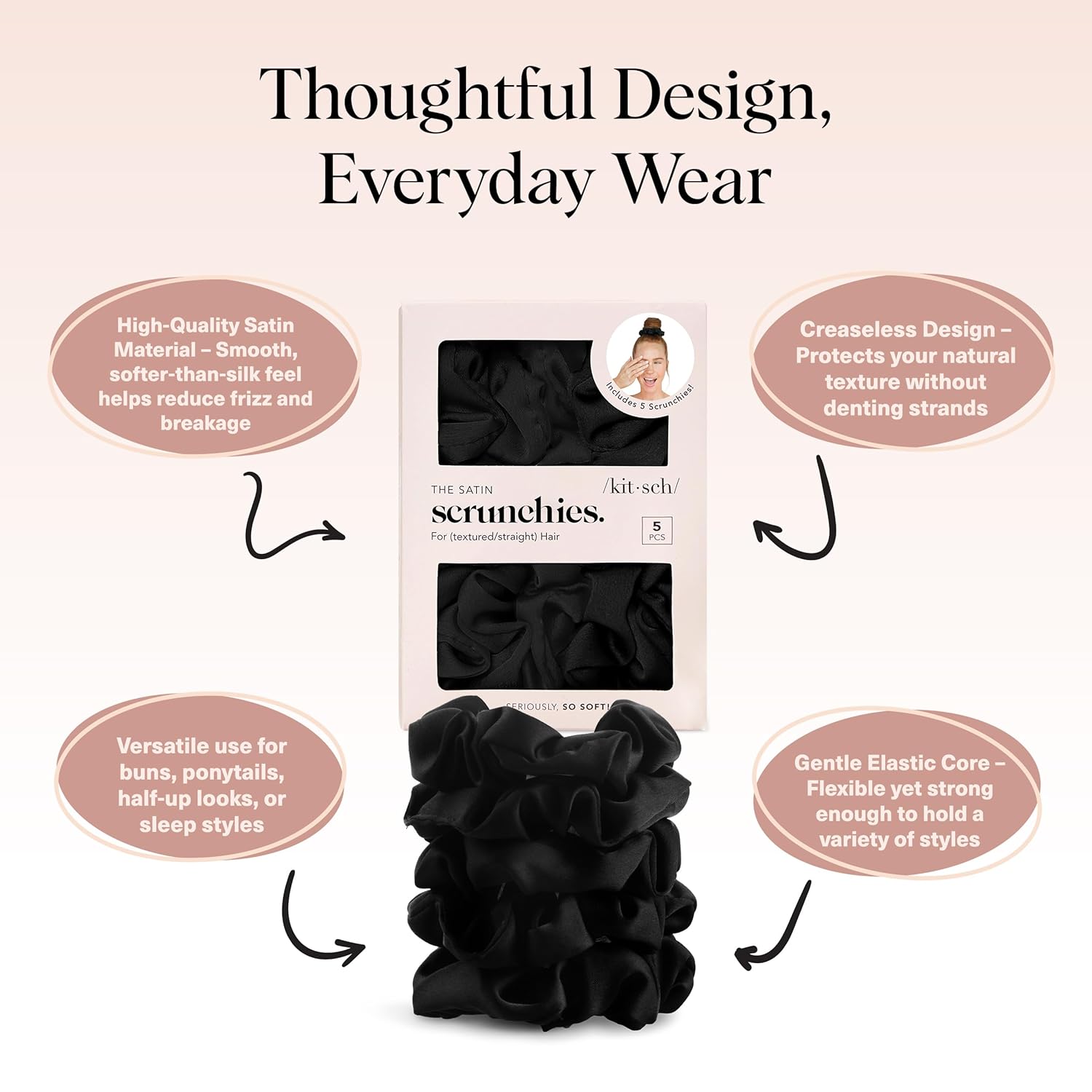 Kitsch Satin Scrunchies for Women – No Crease Hair Ties – Soft Satin Hair Scrunchies for Girls – Frizz Free, Gentle, Stylish Hair Accessories | Ideal Gifts for Women – Black, 5 pcs
