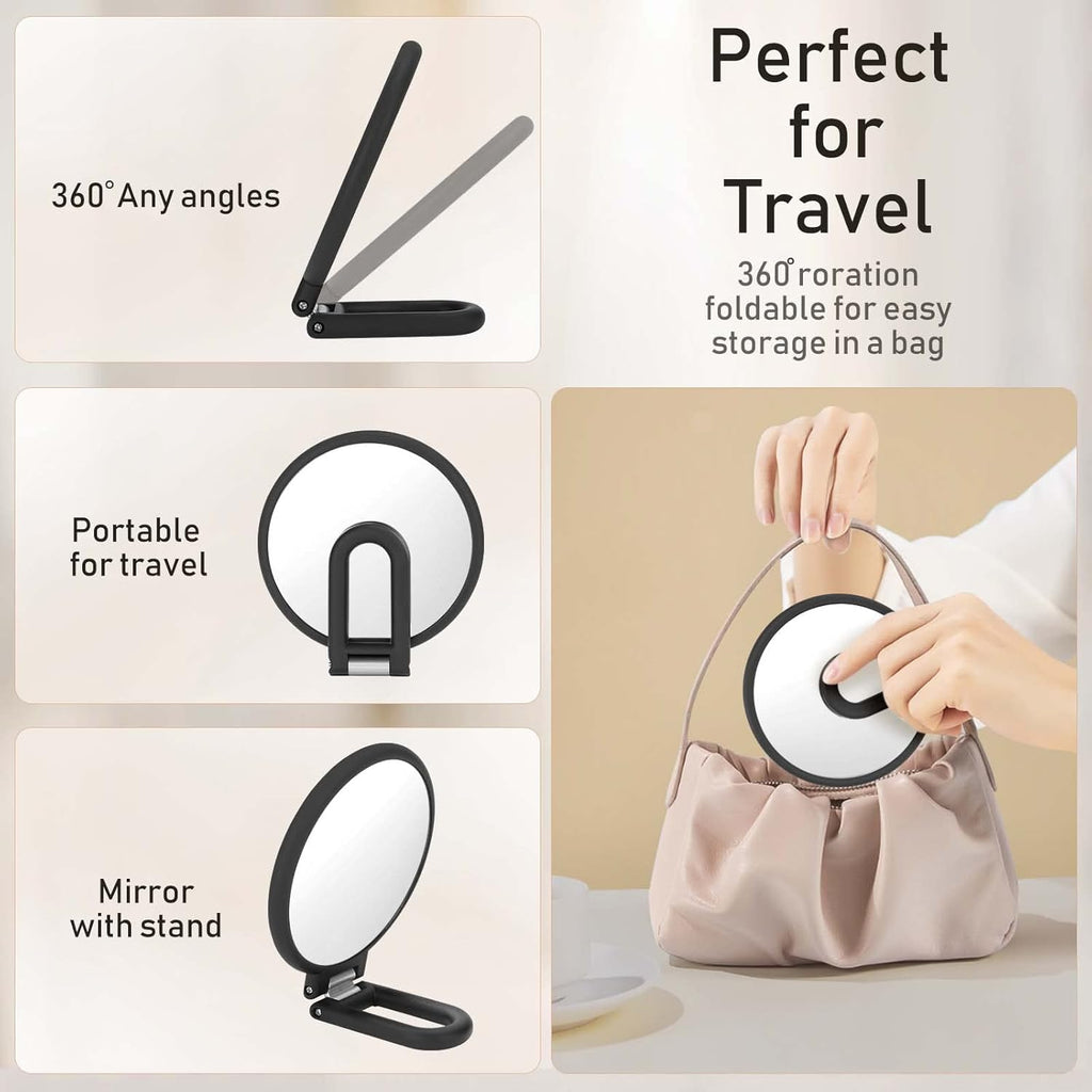 Magnifying Handheld Mirror Double Sided, 1X 15X Magnification Hand Mirror, Travel Folding Held Adjustable Rotation Pedestal Makeup Desk Vanity