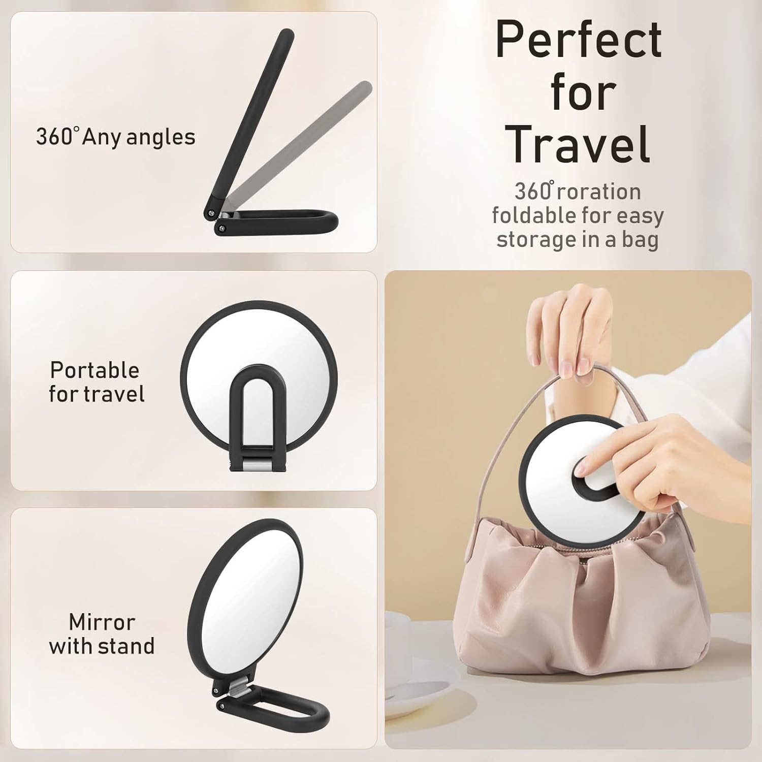Magnifying Handheld Mirror Double Sided, 1X 15X Magnification Hand Mirror, Travel Folding Held Adjustable Rotation Pedestal Makeup Desk Vanity